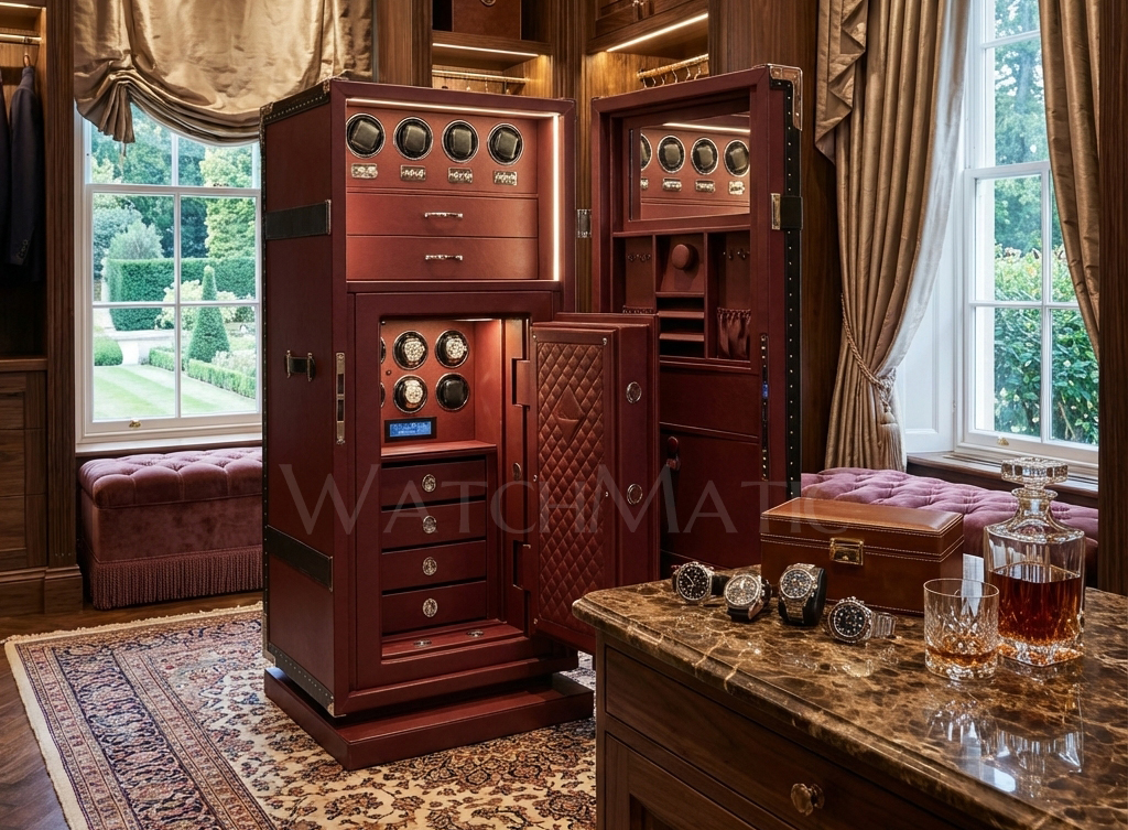 Customizable interior of a luxury watch safe with jewelry drawers and watch winders by WatchMatic